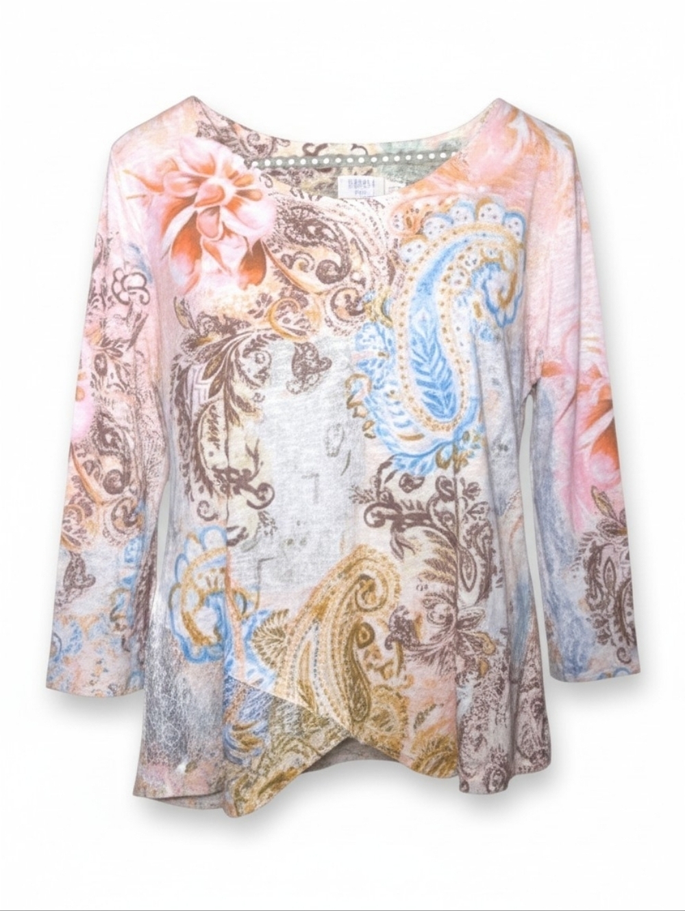 Time and Tru Paisley Tunic Top Large Boho Lace Detail Flowing Spring Blouse
